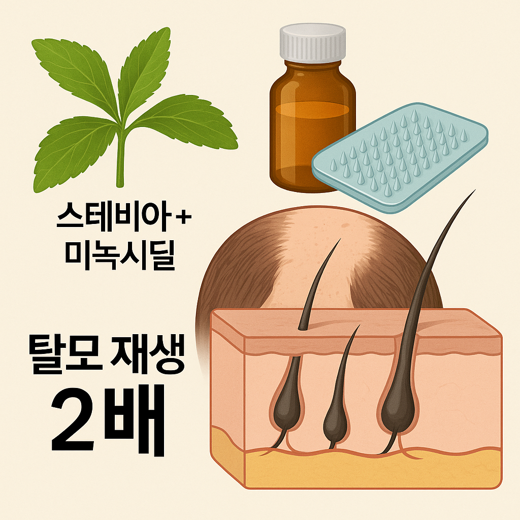 &ldquo;스테비아 추출물과 미녹시딜을 결합해 탈모 재생률을 높인 실험 개념 이미지&rdquo;