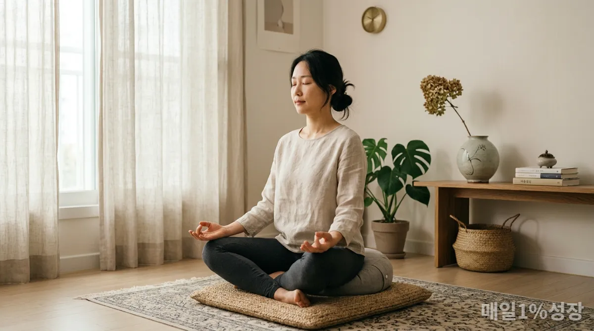 마음챙김 명상을 통해 내면의 평화를 찾는 한국인 여성
