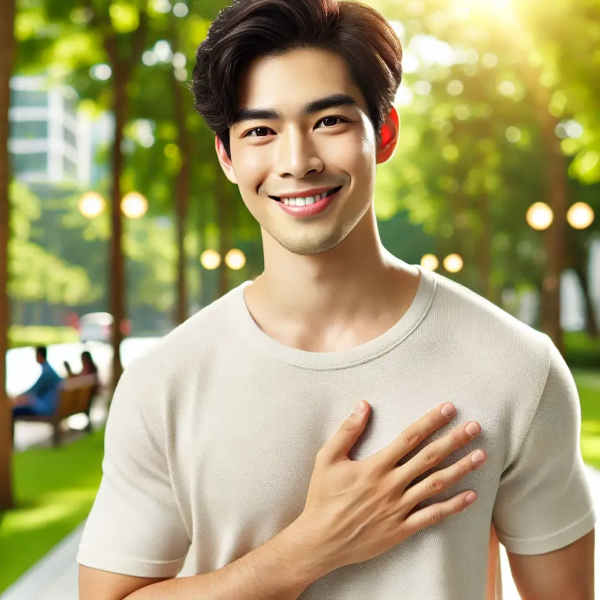 햇살 아래 가슴을 가볍게 터치하며 웃고 있는 건강한 동양인 남성