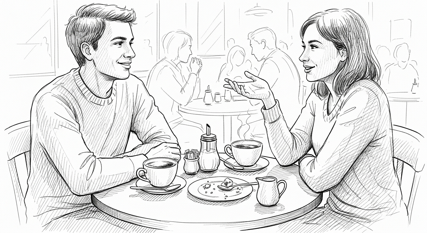 식사 후 커피를 마시며 편안하게 대화하는 친구들