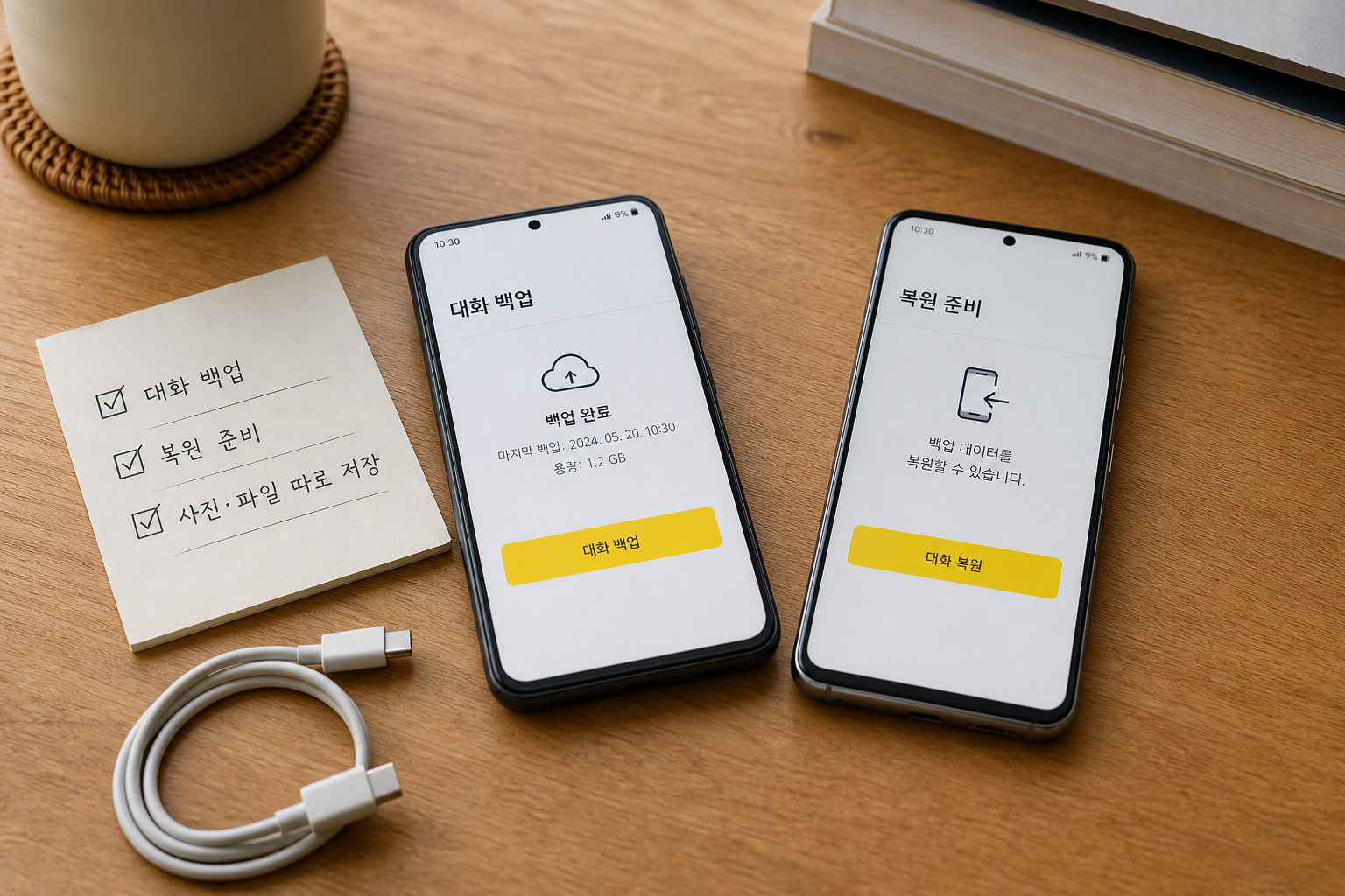 카카오톡 백업 복원 방법을 확인하기 위해 두 휴대폰과 체크리스트를 놓은 장면
