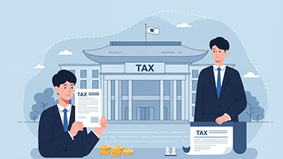 정부 세무서를 배경으로 세금 고지서를 들고 납부하는 정장 차림의 남성들 일러스트, TAX 건물 및 동전 더미 포함