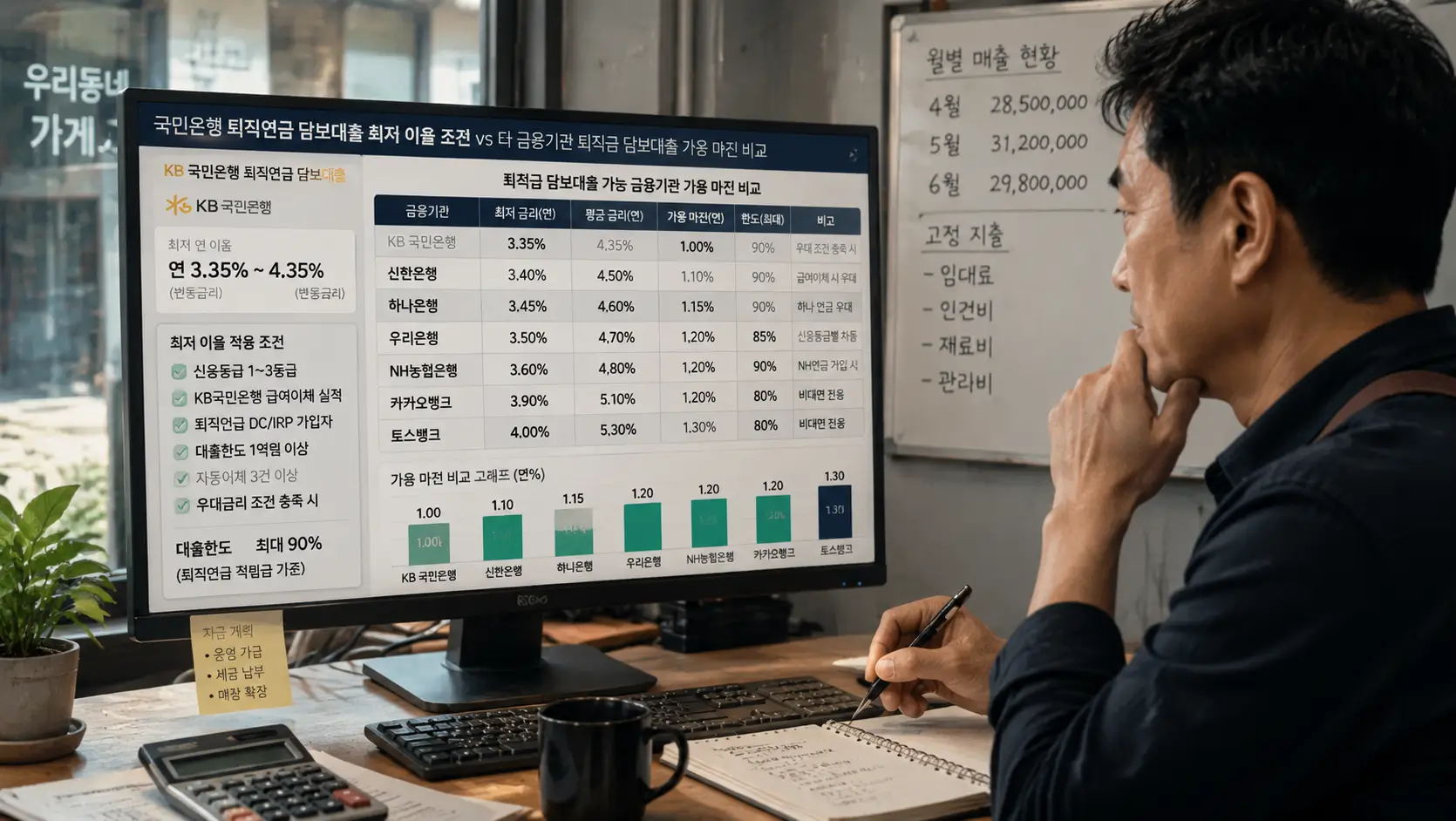 국민 은행 퇴직 연금 담보 대출 최저 이율 조건과 퇴직금 담보 대출 가능한 곳의 가용 마진을 모니터로 정밀 대조하는 자영업자