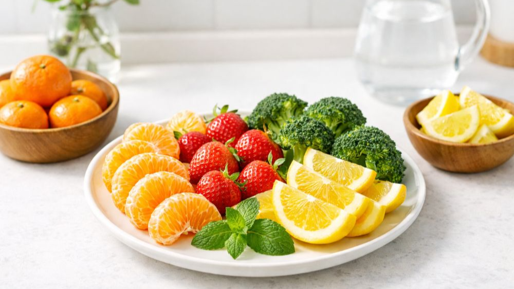 흰 접시 위에 귤 조각, 딸기, 레몬 조각, 브로콜리가 가지런히 담겨 있고 밝은 화이트 톤 주방 테이블 위에 놓인 모습