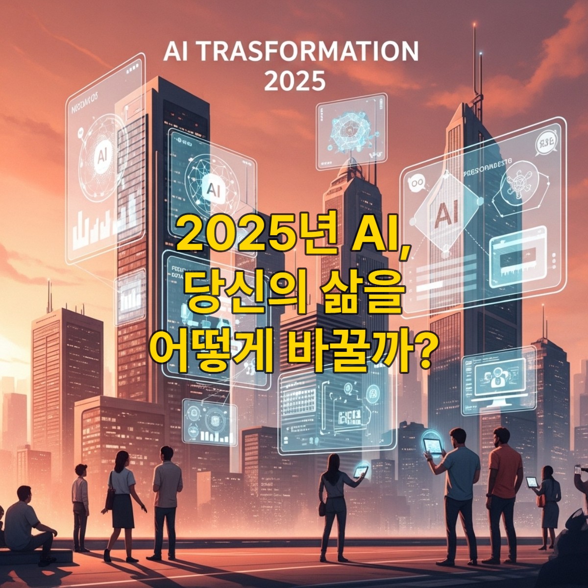 2025년, AI 기술로 변화된 미래 도시의 모습. 다양한 사람들이 홀로그램 인터페이스를 통해 AI와 상호작용하며, 온디바이스 AI와 엣지 컴퓨팅을 상징하는 스마트 기기들이 빛나고 있다.