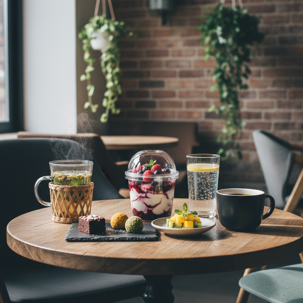 카페 테이블 위에 요거트 볼, 허브티, 커피, 과일 디저트가 놓인 모습.
Cafe table with yogurt bowl, herbal tea, coffee, and fruit desserts.