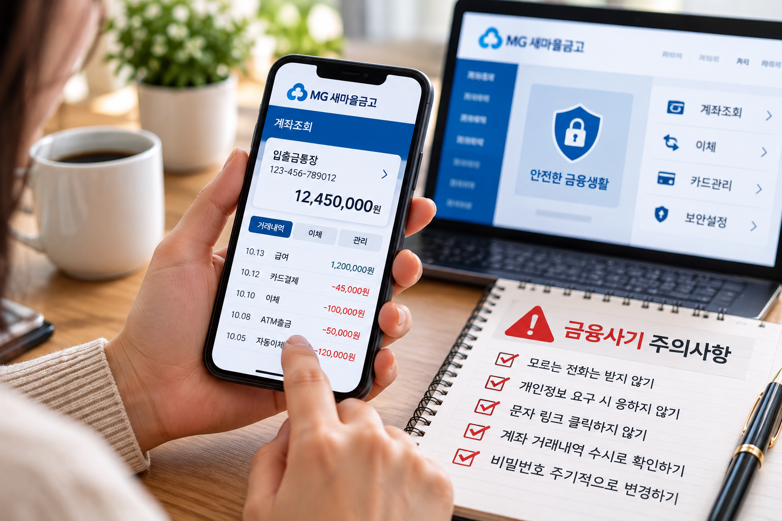 스마트폰으로 계좌 거래내역을 확인하며 금융사기를 예방하는 모습