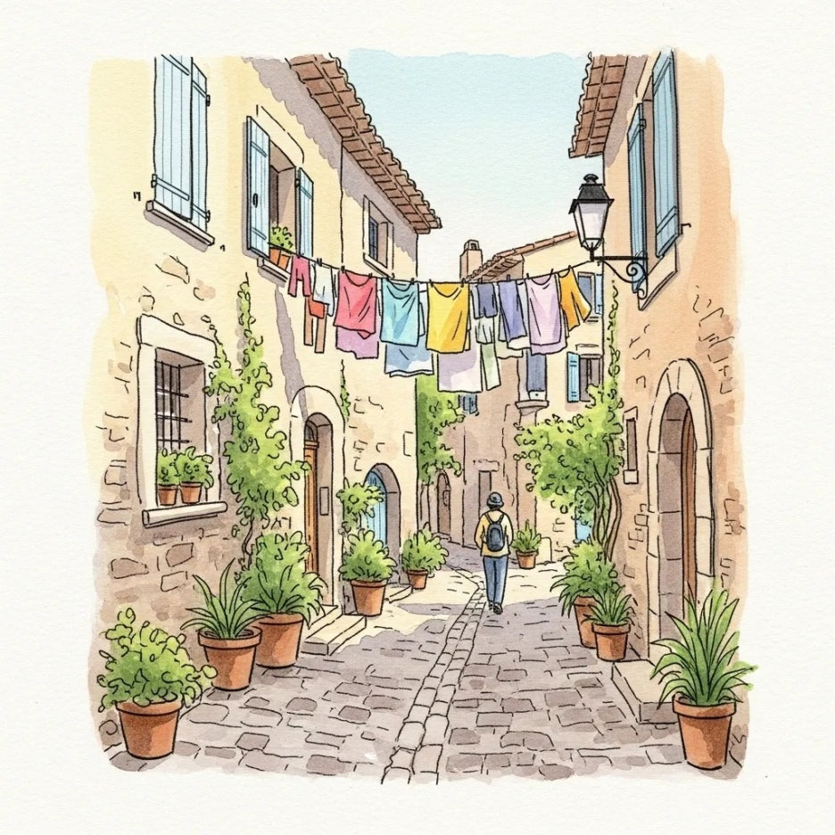 프로방스 마을의 평화로운 돌담길과 다채로운 풍경.