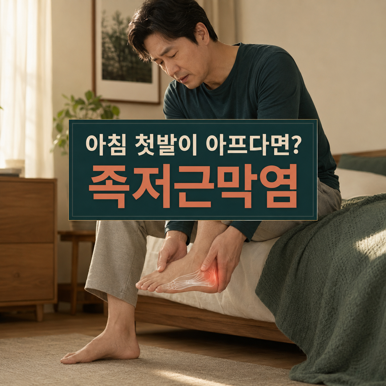 아침 첫발을 디딜 때 발뒤꿈치 통증을 느끼는 40대 남성의 족저근막염 이미지