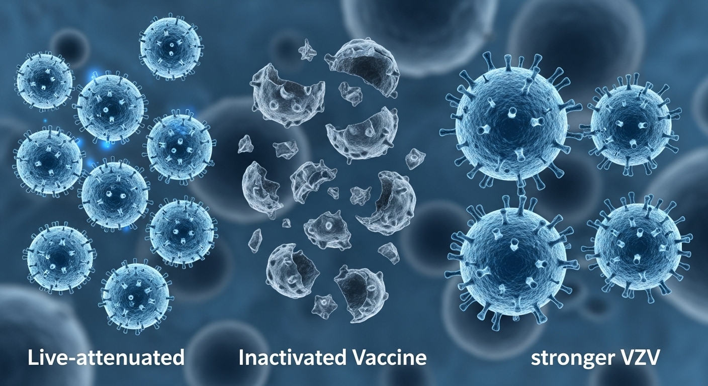 약화된 바이러스와 불활성화된 바이러스 조각들을 보여주는 현미경 이미지로 생백신과 사백신의 원리를 시각적으로 설명