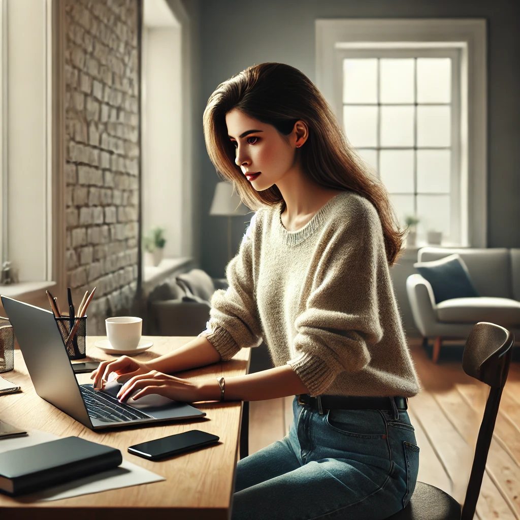 온라인 부업에 몰두하는 30대 여성의 모습. 정리된 홈 오피스에서 노트북을 사용하며 집중하는 모습을 보여주며, 편안한 스웨터와 청바지를 입고 있습니다.