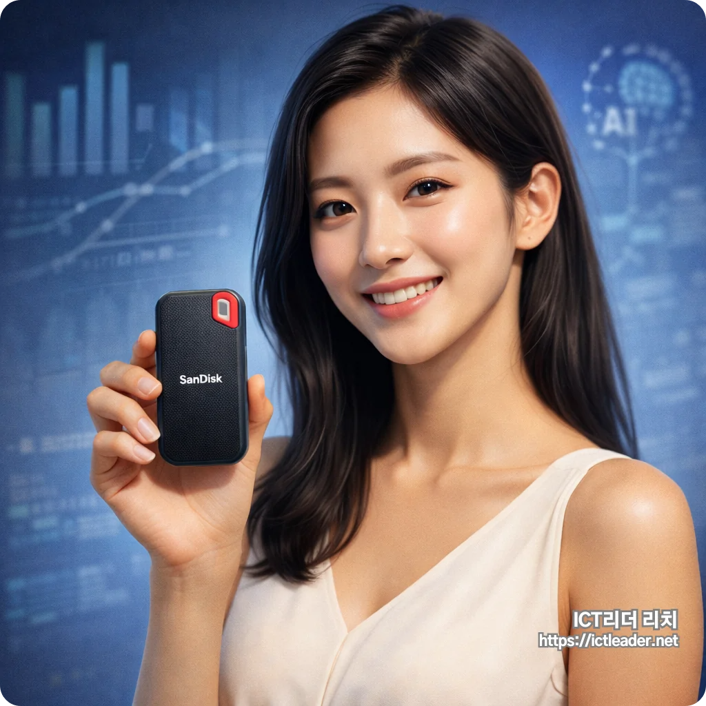 SanDisk 외장 SSD를 손에 든 20대 여성 전문가가 미소 짓는 모습과 함께, 배경에 흐릿하게 보이는 데이터 그래프 및 AI 아이콘이 조화를 이루는 대표 썸네일 이미지