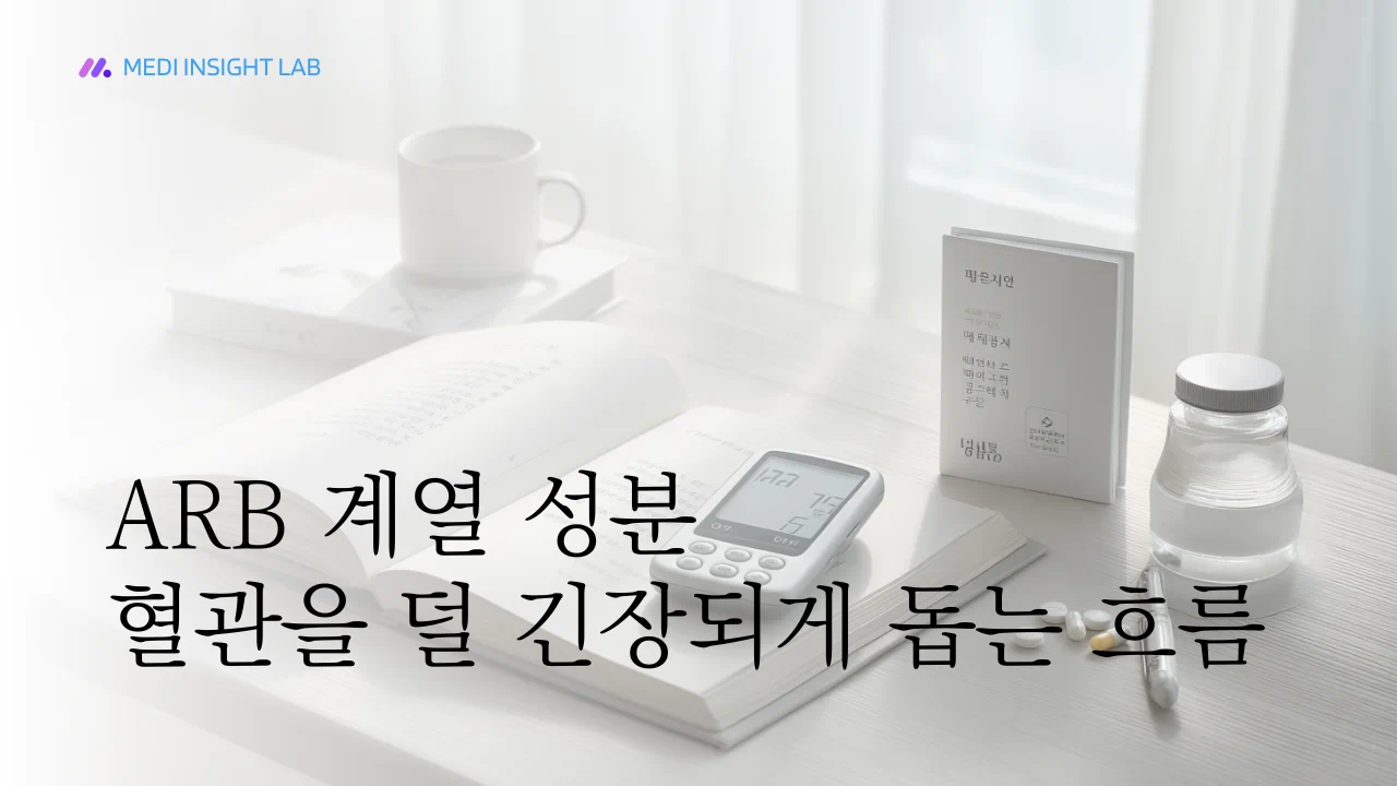 한국 의료정보 블로그용 이미지, 전자혈압계와 혈관 구조를 떠올리게 하는 단순한 의료 시각 요소가 함께 있는 장면