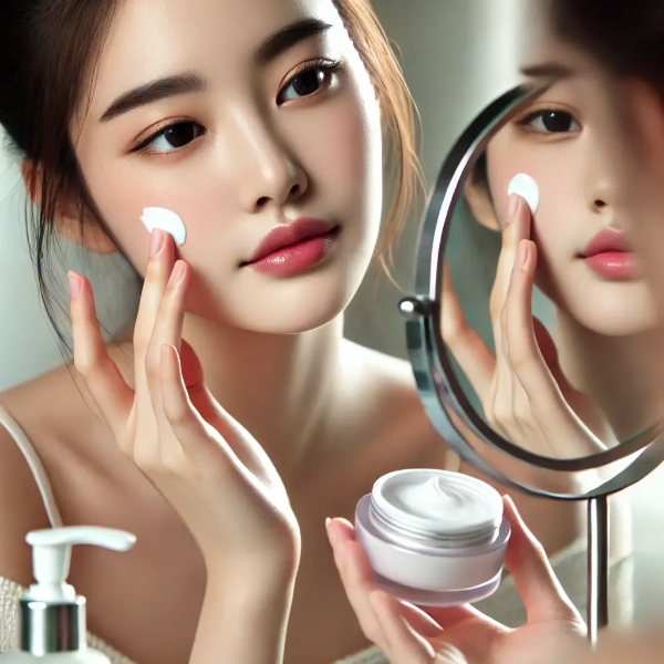 비타민 B군 스킨케어를 실천하며 얼굴을 마사지하는 동양인 여성