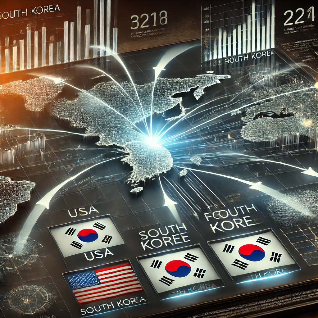 주요 금융 중심지에서 한국으로 연결된 화살표가 포함된 디지털 세계 지도.