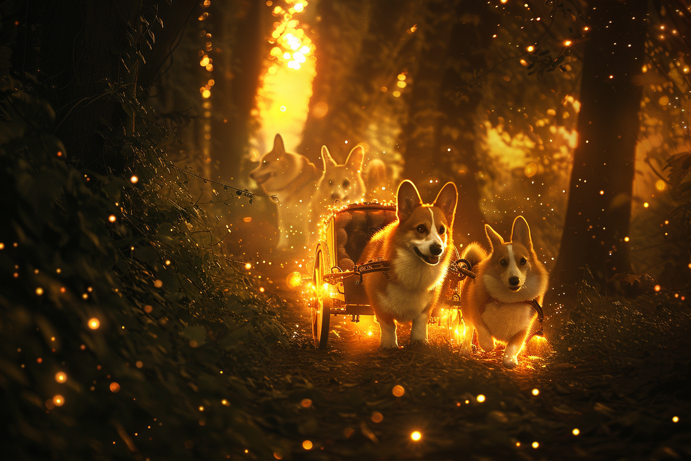 Fantasy scene, small Welsh Corgis