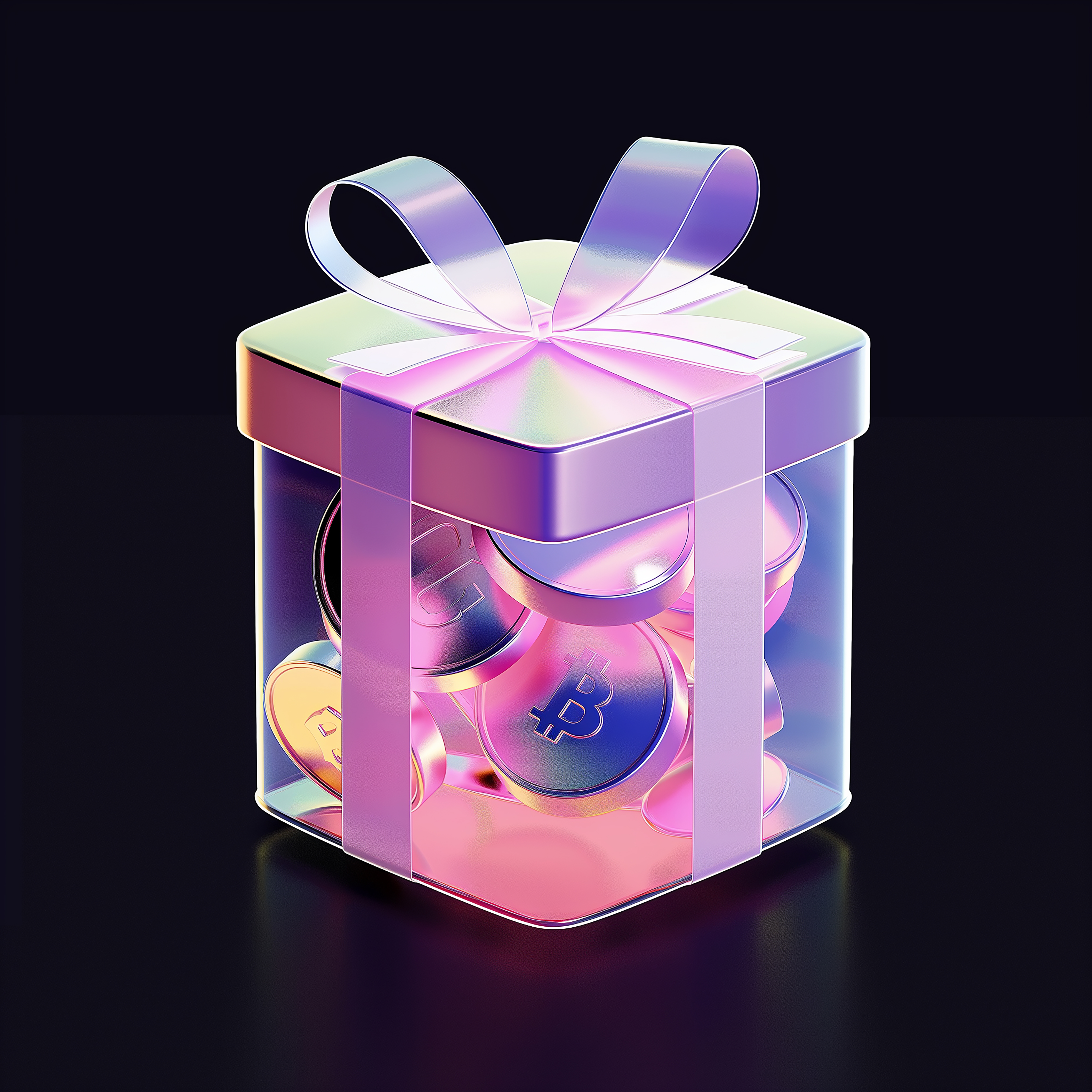 리본으로 포장된 투명 상자 안에 비트코인 동전이 담겨 있는 모습, 전 세계 누구나 참여할 수 있는 24시간 글로벌 가상화폐 시장을 상징