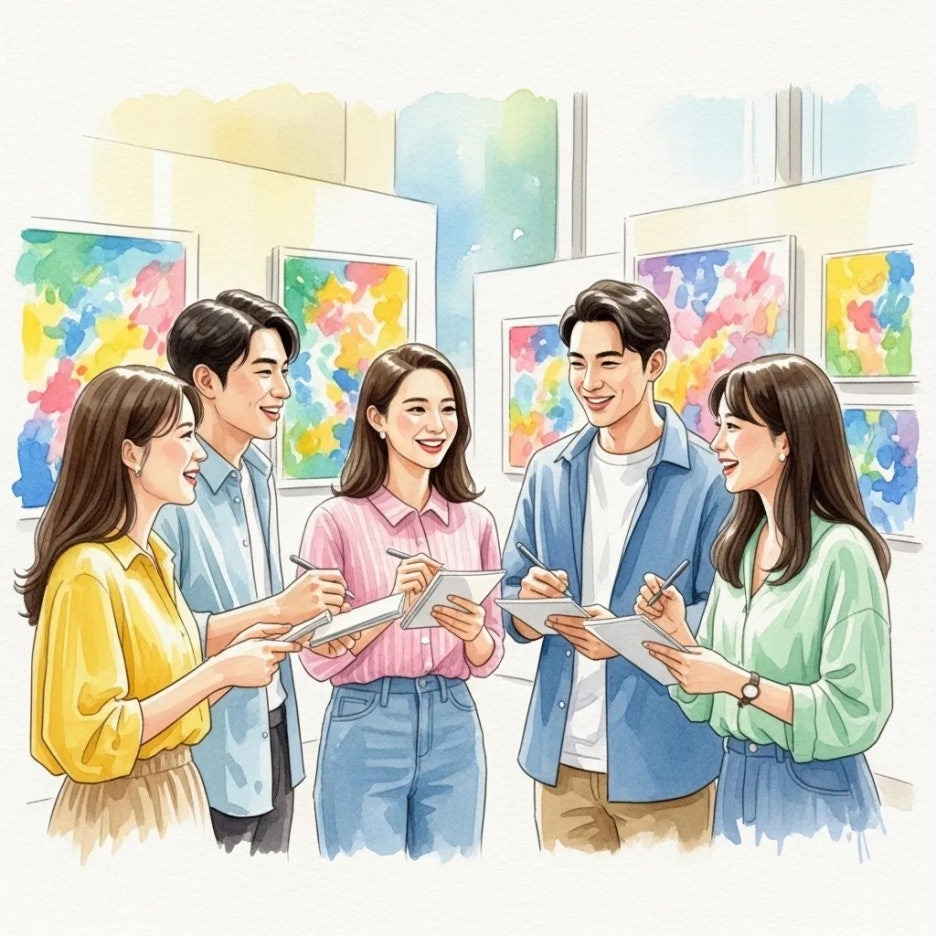 미술 작품을 즐겁게 감상하는 관람객들