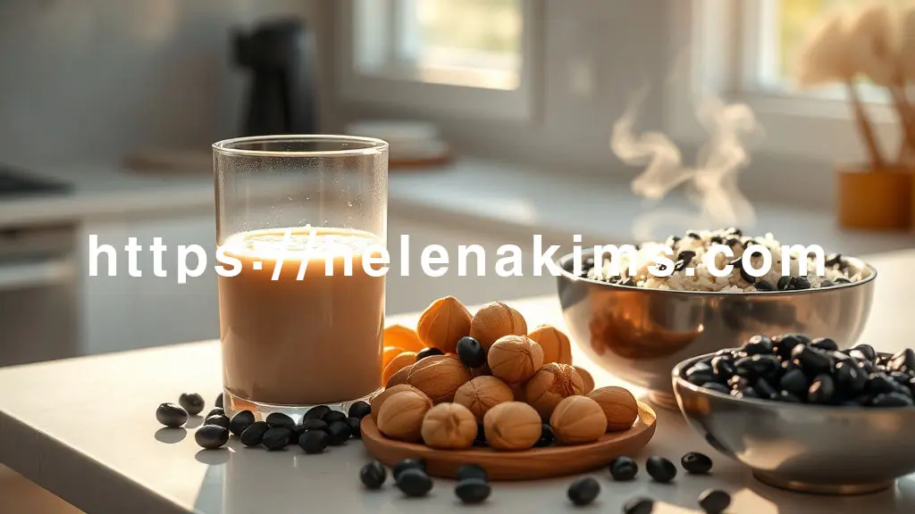 아침 햇살이 부드럽게 스며드는 깨끗하고 고급스러운 주방 공간. 유리잔에 담긴 따뜻한 서리태+호두 두유가 중앙에 놓여 있고, 그 옆으로 노릇하게 불려진 서리태콩과 윤기 나는 호두 몇 알이 정갈하게 놓여 있다.