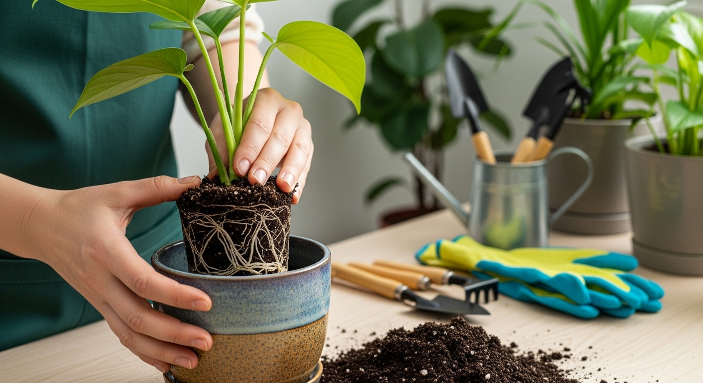 작은 화분에서 자란 식물을 더 큰 화분으로 옮겨 심는 분갈이 과정, 건강한 식물 성장을 위한 필수 작업.