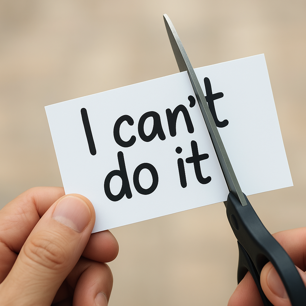 가위로 “I can’t do it” 문구가 적힌 흰색 종이를 절반으로 잘라, 부정적인 말을 긍정으로 바꾸려는 의지를 상징하는 모습.