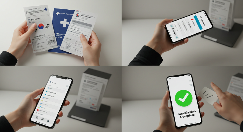 여행자 보험 보상금 신청의 단계별 절차를 보여주는 이미지.