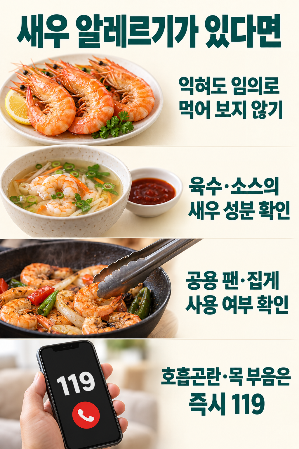익힌 새우&middot;육수와 소스&middot;공용 팬과 집게&middot;119 연락을 구분한 새우 알레르기 안내