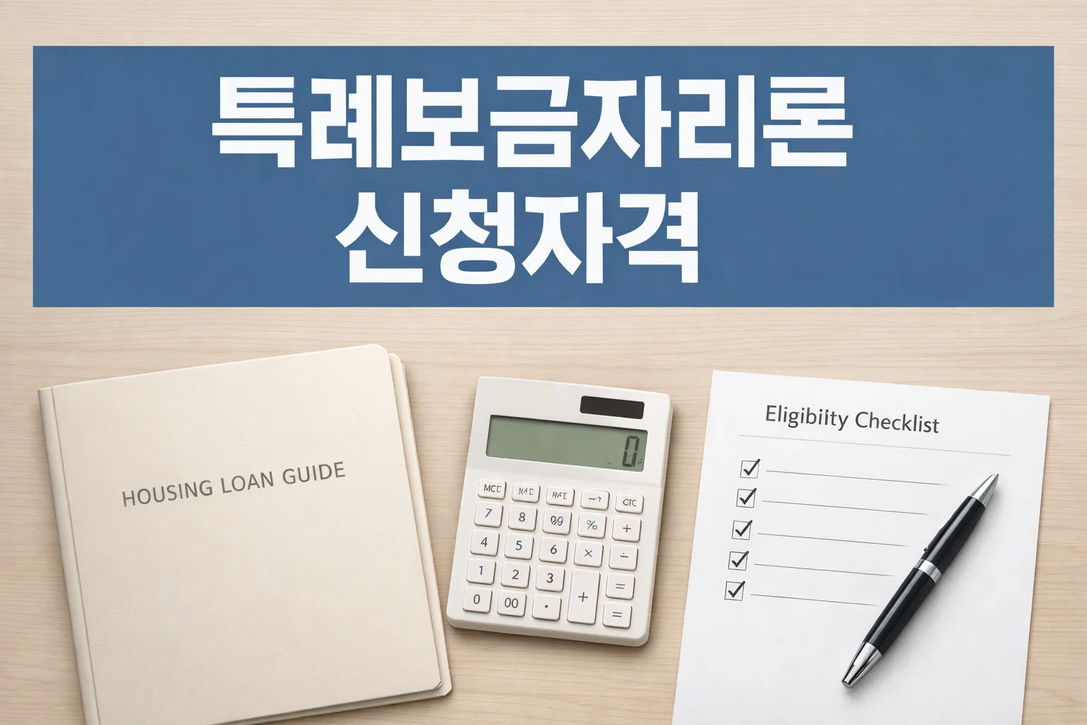 특례보금자리론 신청자격을 빠르게 확인할 수 있도록 체크리스트와 계산기, 주택대출 가이드를 함께 배치한 안내 이미지