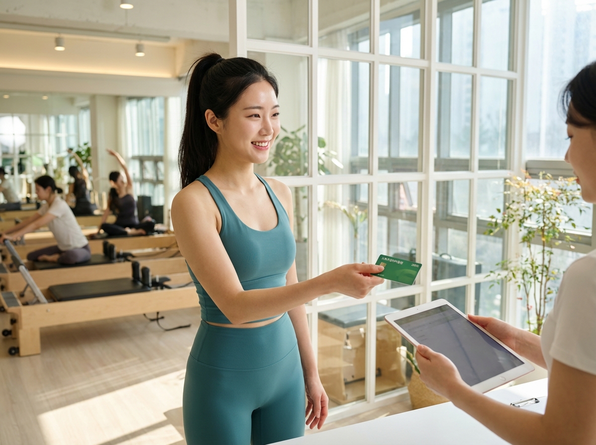 밝은 미소를 지으며 스포츠강좌이용권 전용 카드로 요가 스튜디오 수강료를 결제하는 건강한 한국 청년의 모습