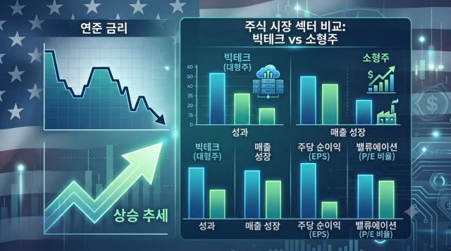 미국 금리 인하에 따른 소형주와 빅테크 투자 비교를 보여주는 인포그래픽