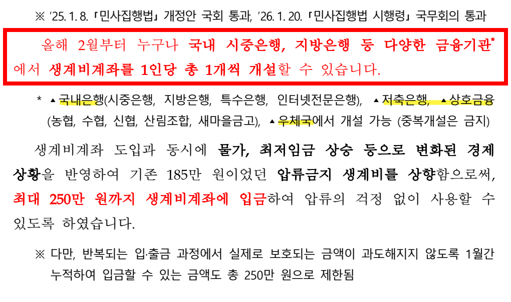 생계비계좌 개설 가능 은행 안내 내용