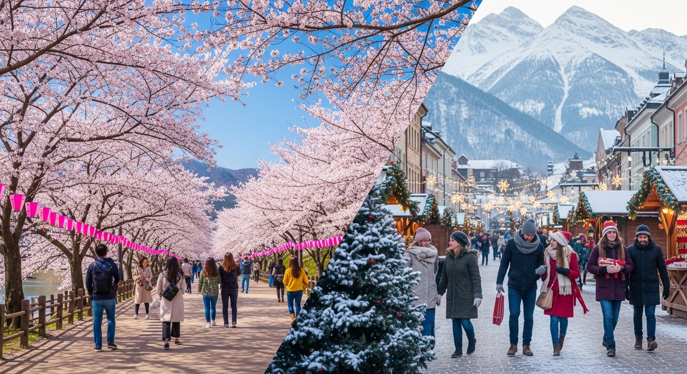 봄 벚꽃 풍경과 겨울 크리스마스 마켓 풍경이 대조적으로 펼쳐진 이미지로, 계절별 여행의 매력을 보여줍니다.