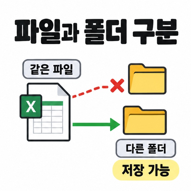 같은 엑셀 파일에서 두 폴더로 연결되는 경로를 비교하고 한쪽은 빨간 엑스, 다른 폴더는 초록 화살표와 저장 가능 문구로 표시한 그림