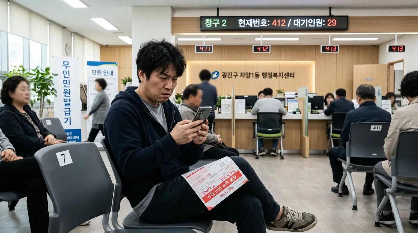 한국의 동네 주민센터 창구 대기석에 앉아 초조하게 스마트폰의 미납 고지서 알림을 확인하는 30대 무직자 남성의 모습