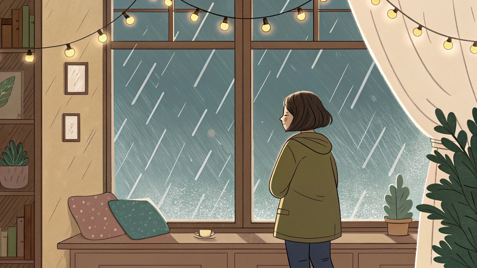 비오는 밖을 보며 장마철 준비물 필수템을 고민하는 여자의 모습