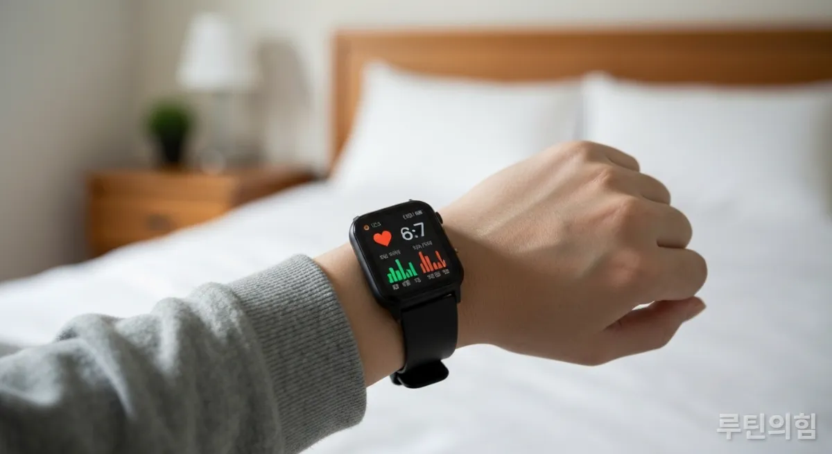 수면 품질 데이터를 보여주는 스마트워치를 착용한 손목 클로즈업