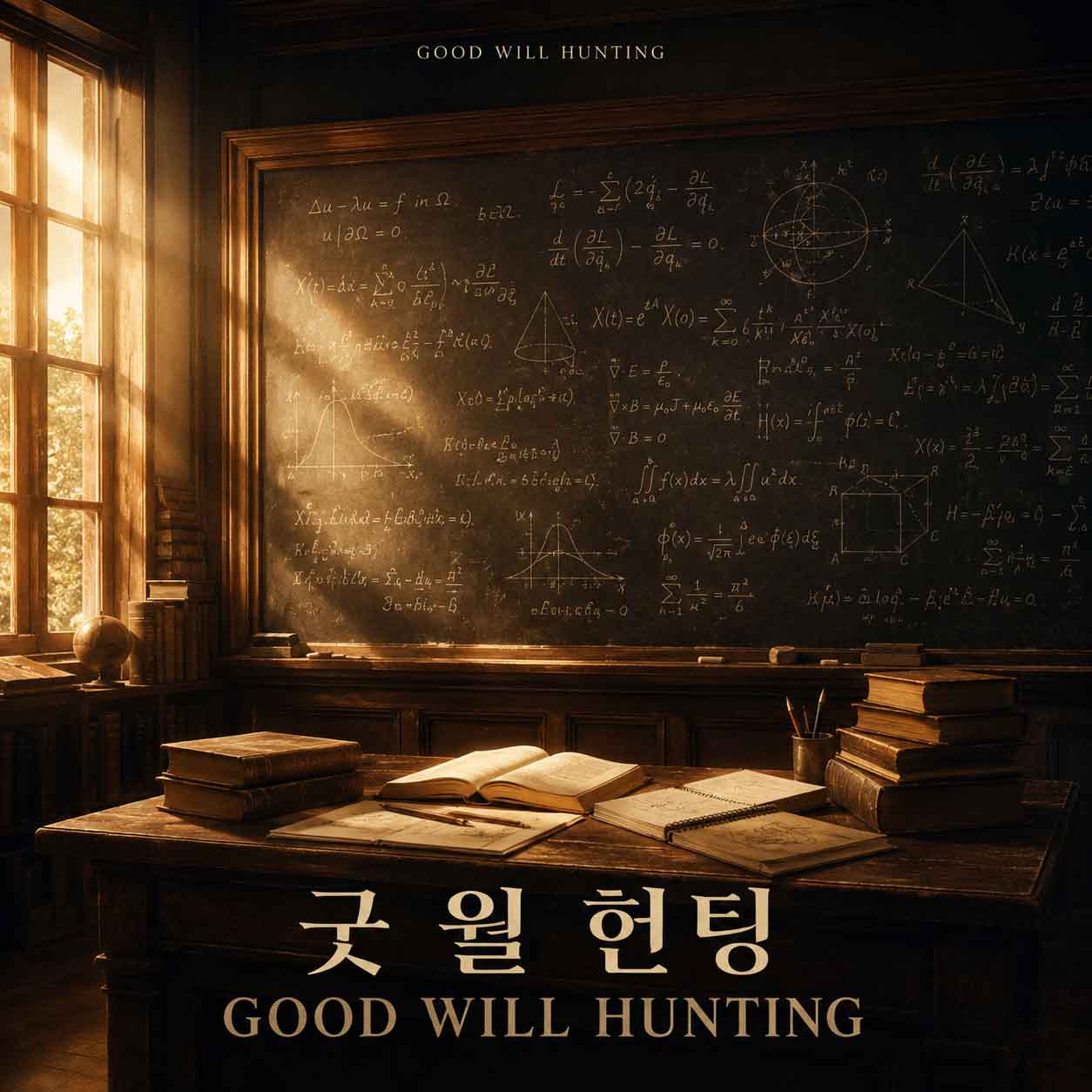 영화 굿 윌 헌팅을 표현한 수학 공식이 가득한 칠판과 따뜻한 햇살이 비치는 강의실 이미지