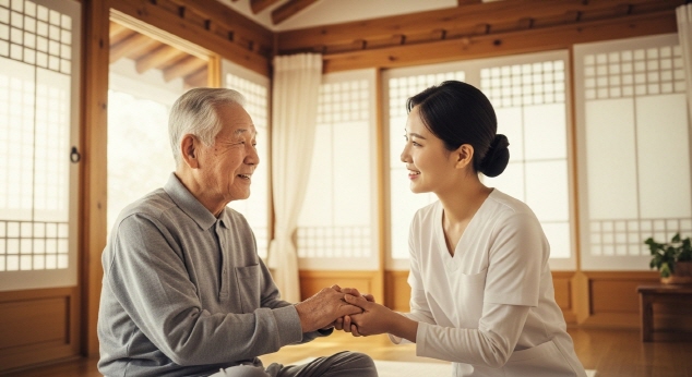 노인과 요양보호사 간호