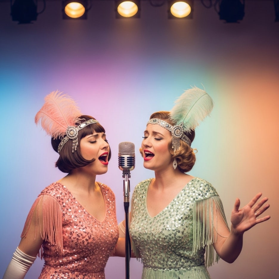 무대 위에서 노래하는 매력적인 두 배우의 모습