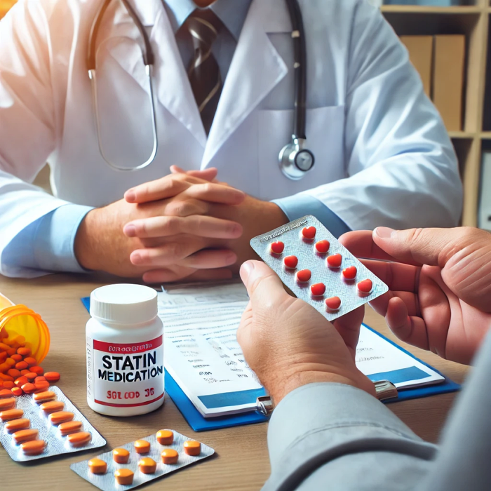 스타틴 계열 약물을 복용하며 설명을 듣는 환자의 모습이 담긴 이미지