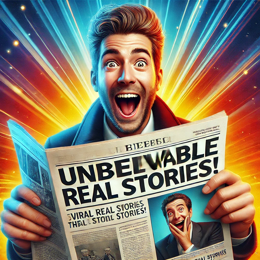 한 남성이 신문을 보고 경악하며 웃고 있는 모습. 신문의 헤드라인은 ‘믿기 힘든 실화들!’, 흥미를 끄는 강렬한 분위기.