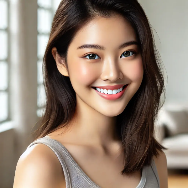 피부가 맑고 균형 잡힌 동양인 여성이 자연광 아래 환히 웃는 모습