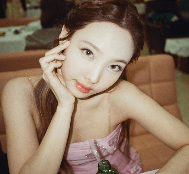 핑크색 드레스를 입고 카메라를 보는 나연