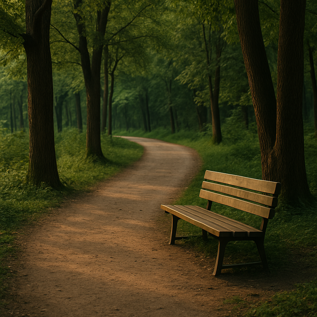 ALT: 서울숲 후면의 조용한 산책로에 오래된 나무 벤치가 놓여 있고, 나무 사이로 햇살이 부드럽게 비친다.