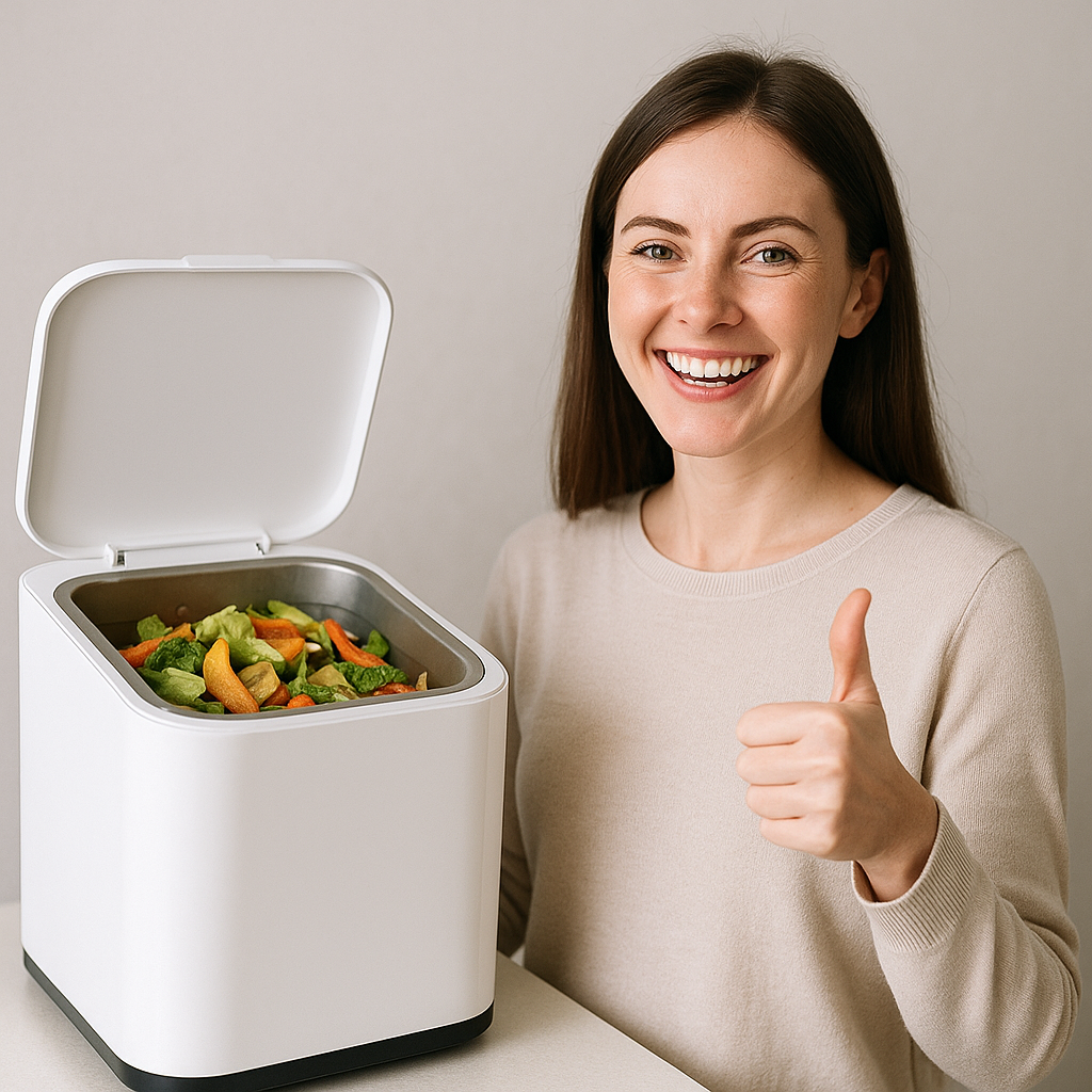 음식물 처리기 앞에서 기쁘하는 여성 모습