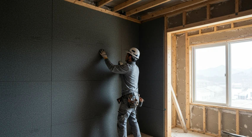 차음재를 시공 중인 모습