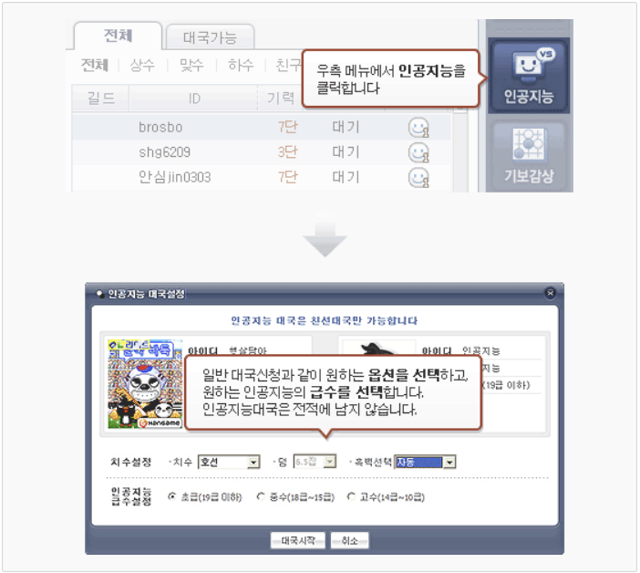 한게임 인공지능 대국방법을 설명하는 사진