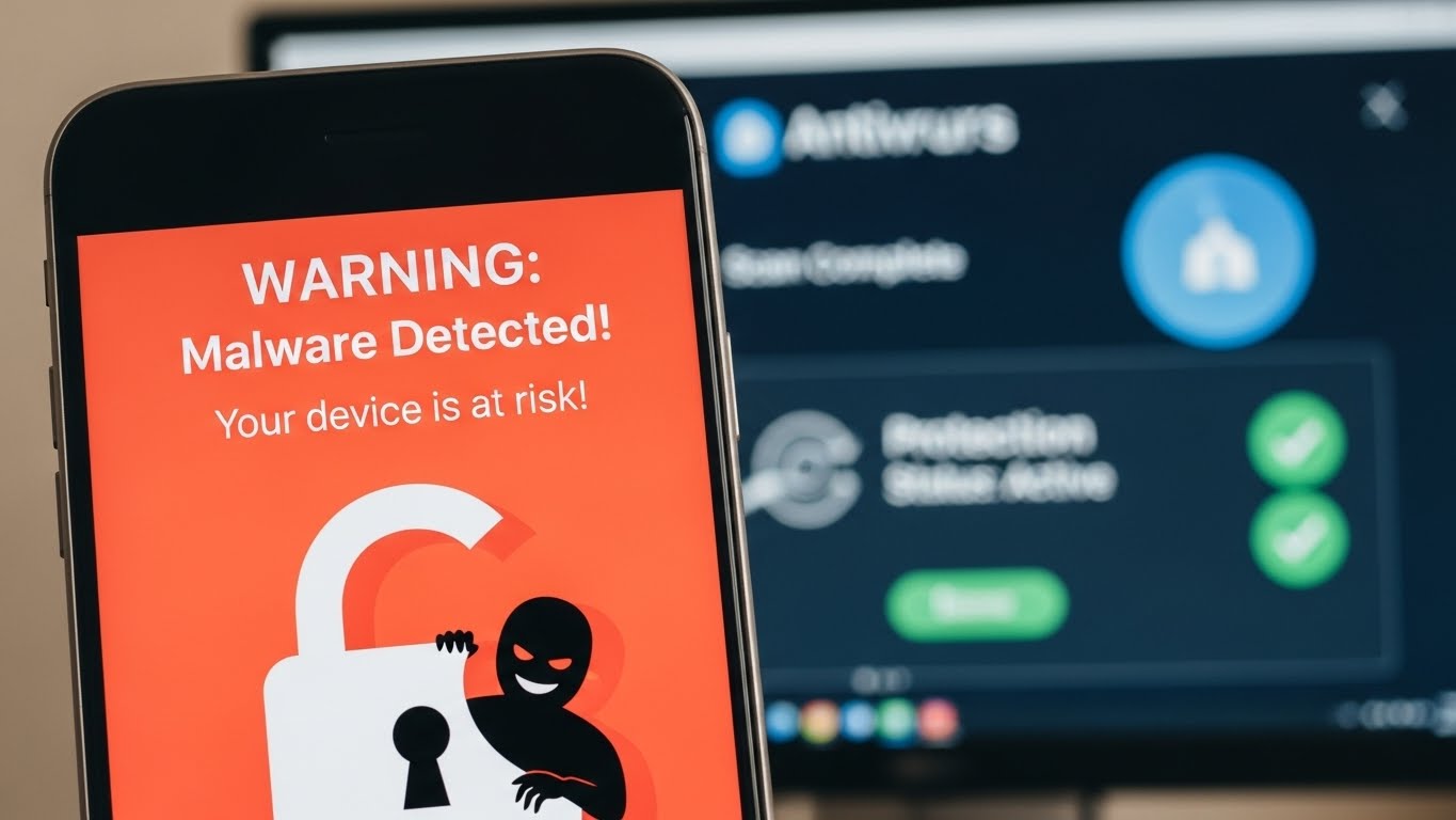 악성코드와 랜섬웨어 위협을 경고하는 스마트폰 화면