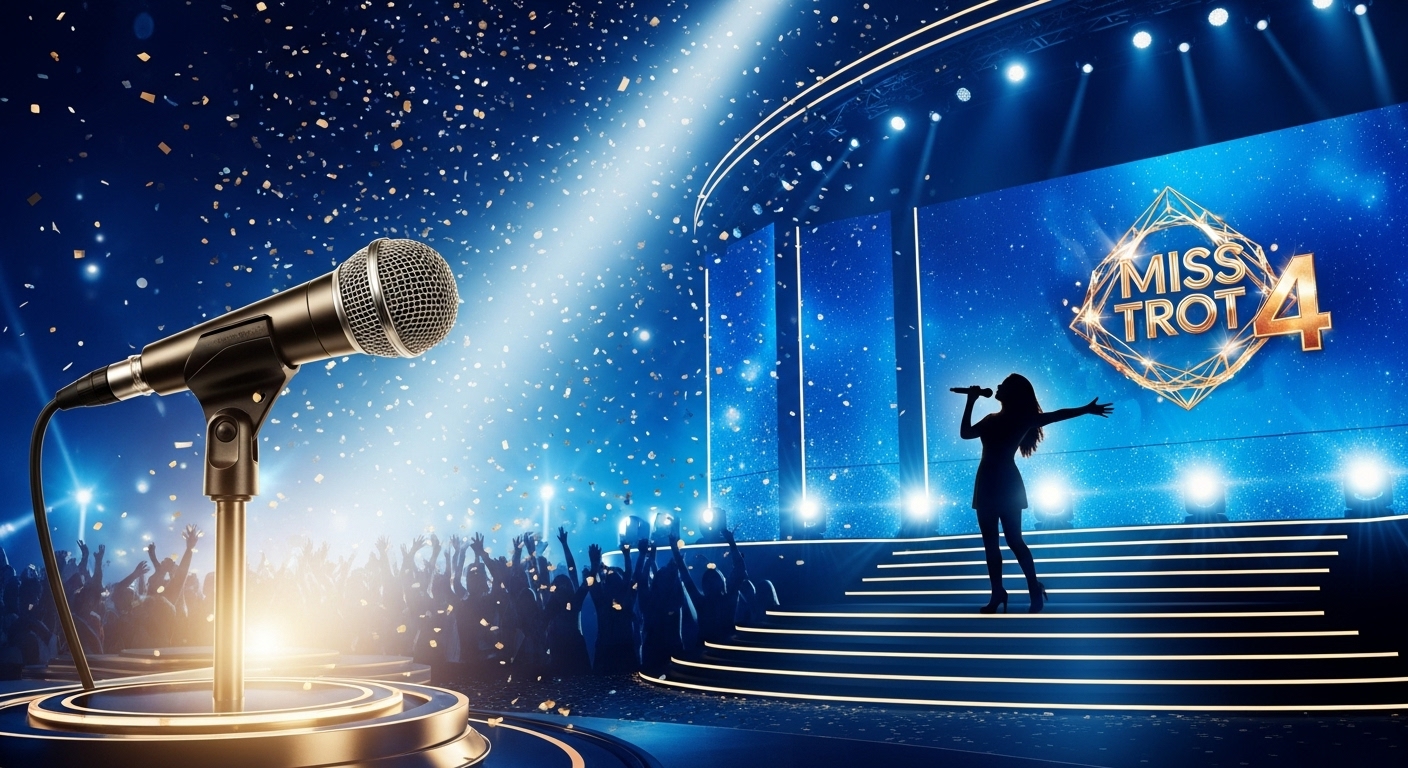 화려한 조명 아래 열정적으로 노래하는 여성 가수의 실루엣과 '미스트롯4' 로고가 빛나는 웅장한 무대, 트로트 오디션 프로그램의 시작을 알리는 역동적인 장면.
