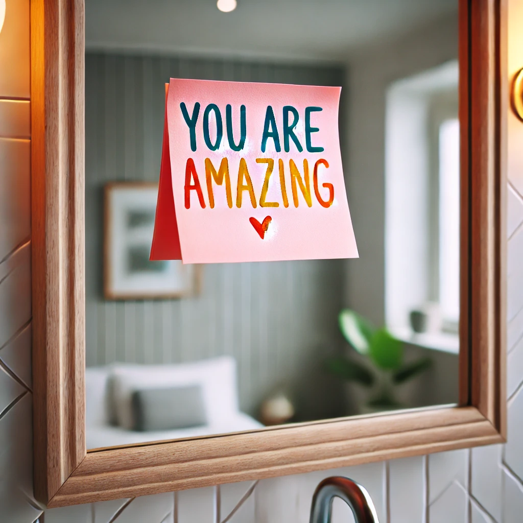 “You are amazing” 문구가 적힌 메모지가 붙어있는 거울